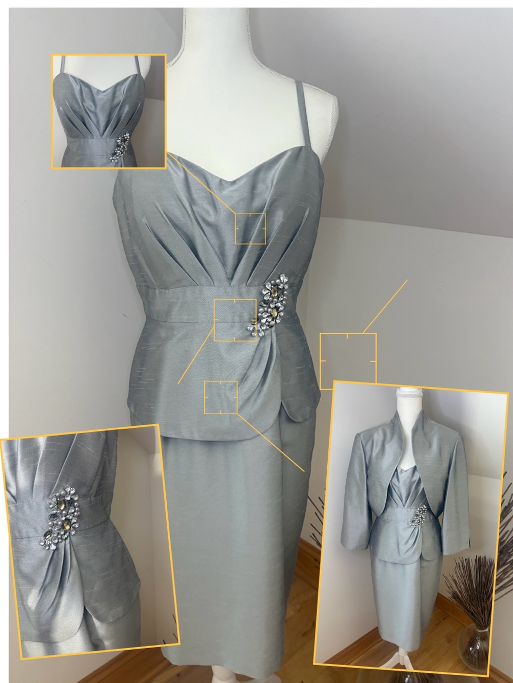 Garfield & Mark Silver Midi Dress w/ Jeweled Waist and Matching Jacket Sz 14